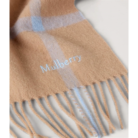 Mulberrry Small Check Merino Wool Scarf Camel-Poplin Blue 
